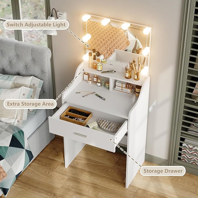 Furniouse Vanity Desk with Mirror and Lights, 23.6" Small Makeup Vanity Table Set with Storage, Drawer, 3 Lighting Modes Adjustable Brightness for Bedroom