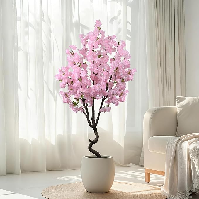 Faux Pink Cherry Blossom 5.5ft(67in) Tall Artificial Plant Indoor Decor Natural Realistic Fake Cherry Blossom Tree for Wedding Party Sakura Plant in Pot for Home Living Room,Office,Outdoor Decor