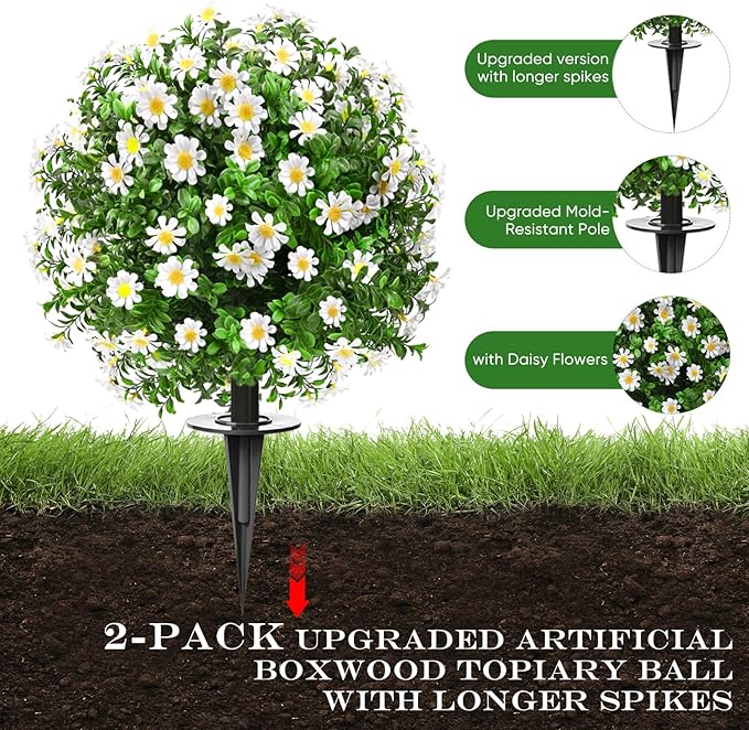 23" Set of 2 Artificial Boxwood Topiary Ball with Sunflower Flowers with Spikes for Outdoor, UV Resistant Faux Greenery Shrubs, Realistic Fake Bushes Plants for Garden, Yard, Front Porch, Patio Decor