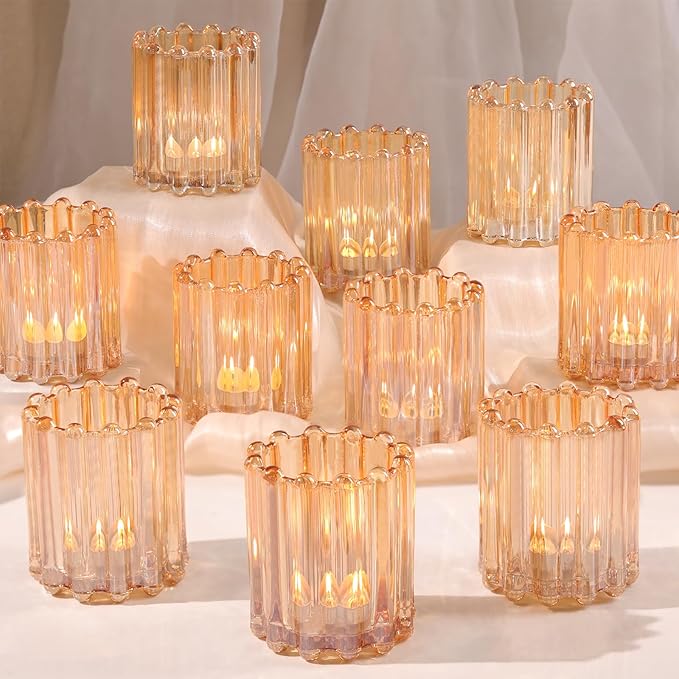 Glass Gold Votive Candle Holder, Ribbed Votive Candle Holders Set of 12, Tealight Candle Holder for Wedding Centerpieces Dinner Party Table Decor