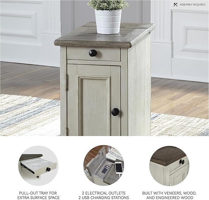 Signature Design by Ashley Bolanburg Farmhouse Chair Side End Table with Outlets and USB Ports, Antique Cream & Brown