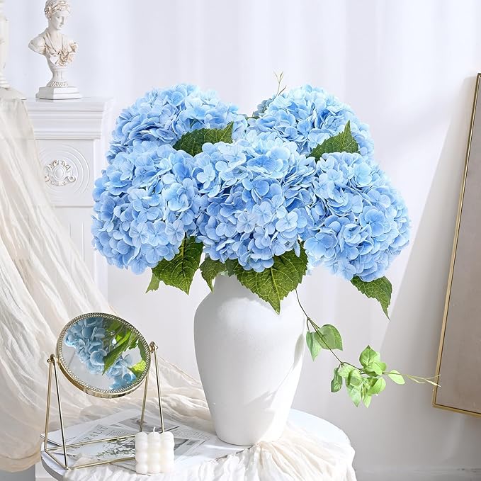 Waipfaru 4 PCS Hydrangea Artificial Flowers, Real Touch Blue Hydrangea Artificial Flowers, Full Latex Fake Hydrangeas for Home Decor Party Floral Arrangements Wedding Bouquets Centerpieces