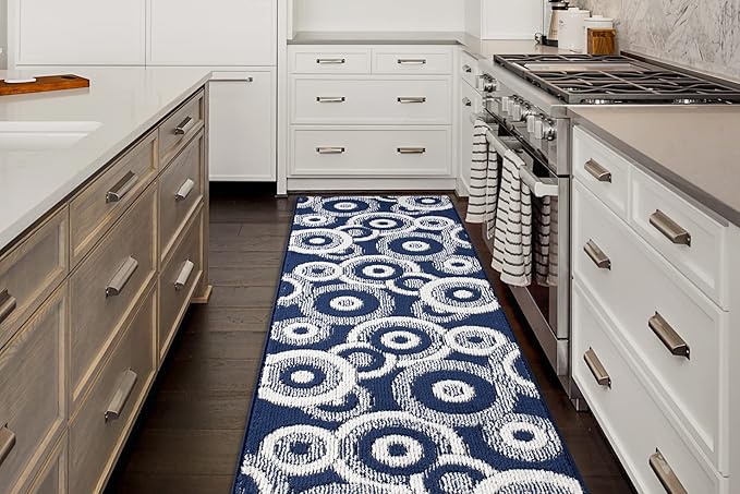 Custom Length Cut to Size Retro Modern Coastal Carpet Runner Rug for Hallways, Non Slip Rubber Backed, 31 inch Wide X Customized Length, Geo Blue, 31 inch X 29 feet