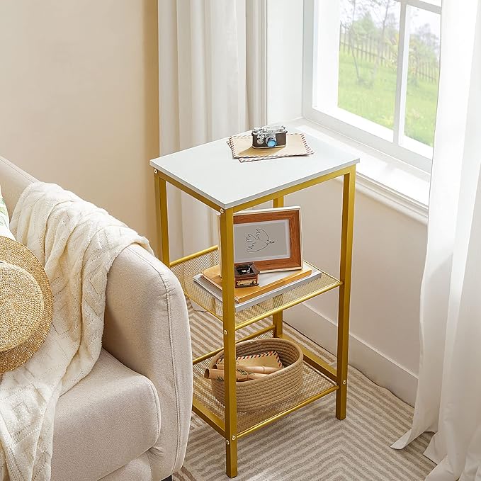 HOOBRO Side Table, 3-Tier Tall End Telephone Table with Adjustable Mesh Shelves, Small Entry Table for Living Room Bedroom Hallway or Office, White and Gold DW01DH01G1