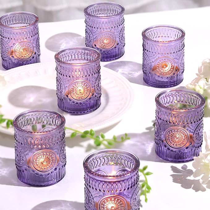24pcs Purple Votive Candle Holders for Table Centerpieces, Glass Tea Lights Candle Holder for Bridal Shower, Baby Shower Decrations, Boho Tea Party Purple Decor, Gifts for Women