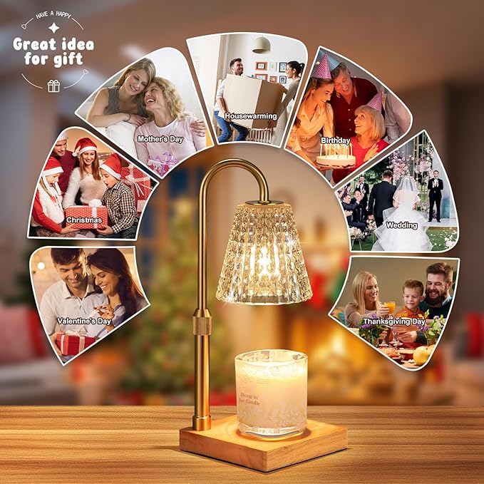 Crystal Adjustable Height Candle Warmer Lamp with Timer Dimmer,Birthday Gifts for Women Mom,House Warming Gifts New Home Room Decor,Vintage Wax Warmer for Scented Wax Jar Candles