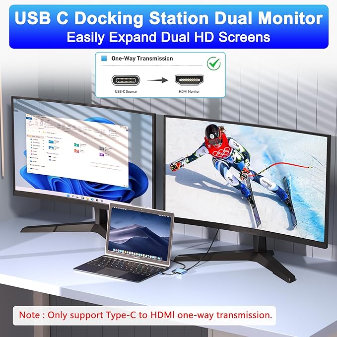 USB C to Dual HDMI Adapter 4K@60Hz, Type C to HDMI Splitter for Extended Display, Dual Monitor Adapter for Laptop, Thunderbolt 4/3 Compatible with MacBook, Dell XPS 13/15, HP,(Mac OS ONLY Mirror Mode)