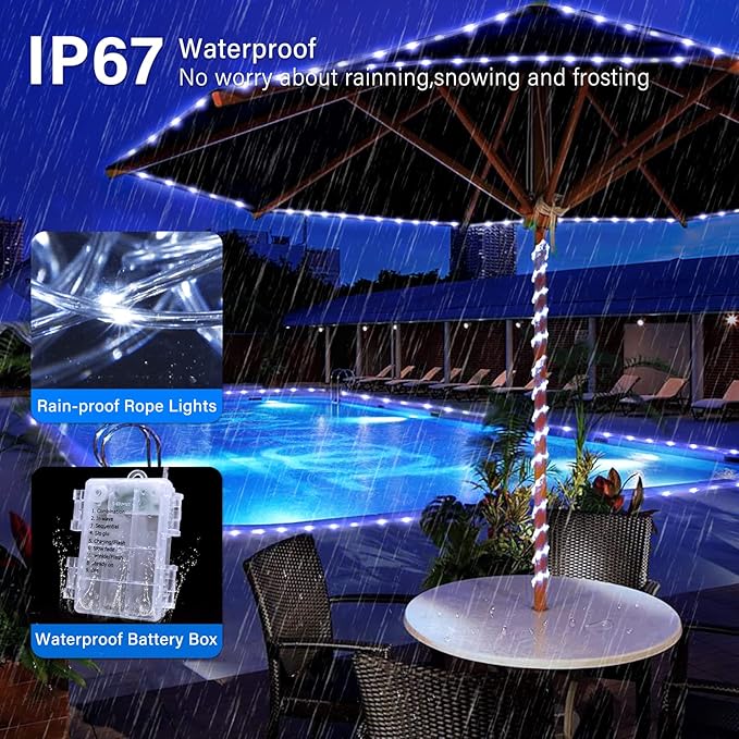 JMEXSUSS 100 LED Battery Operated Rope Lights - Outdoor Waterproof, 33ft 8Mode Battery String Lights Outdoor with Remote for Trampoline, Camping, Balcony, Canopy, Deck Decor (White)