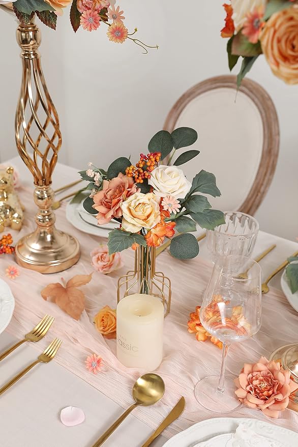 Artificial Flowers Box Set Real Looking Orange Silk Fake Flowers Combo with Stems for DIY Wedding Bouquets Bridal Shower Centerpieces Party Decorations(Orange Pink)