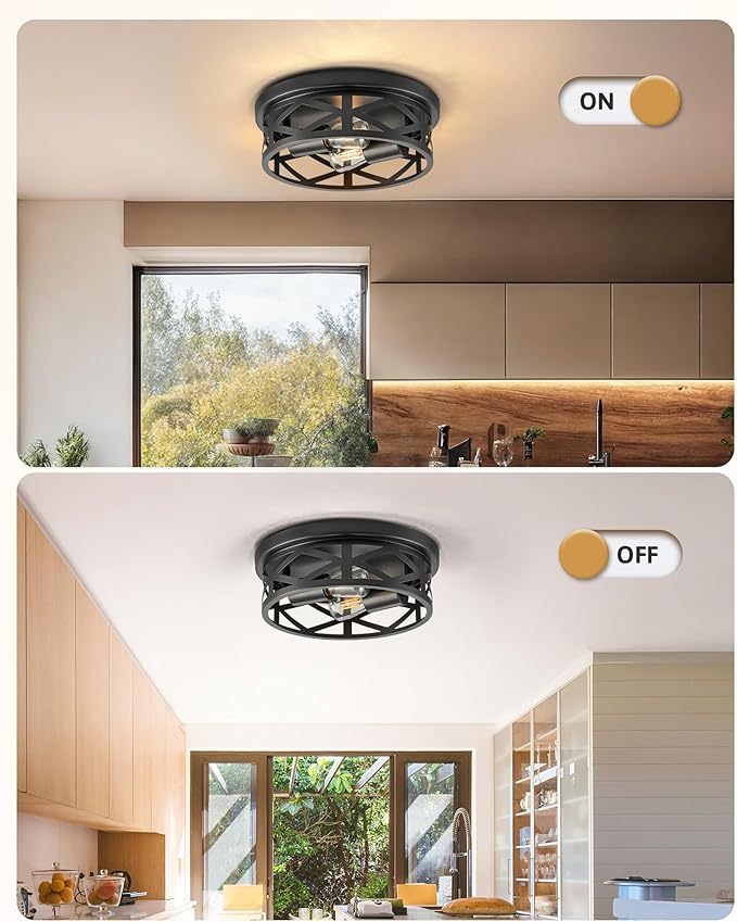 VONLUCE Flush Mount Ceiling Lights, 2-Light Hallway Ceiling Lighting Fixtures, 11 inch Farmhouse Metal Cage Ceiling Lights for Entryway Kitchen, Adjustable Lamp Holders, ETL, 2 pcs, Black