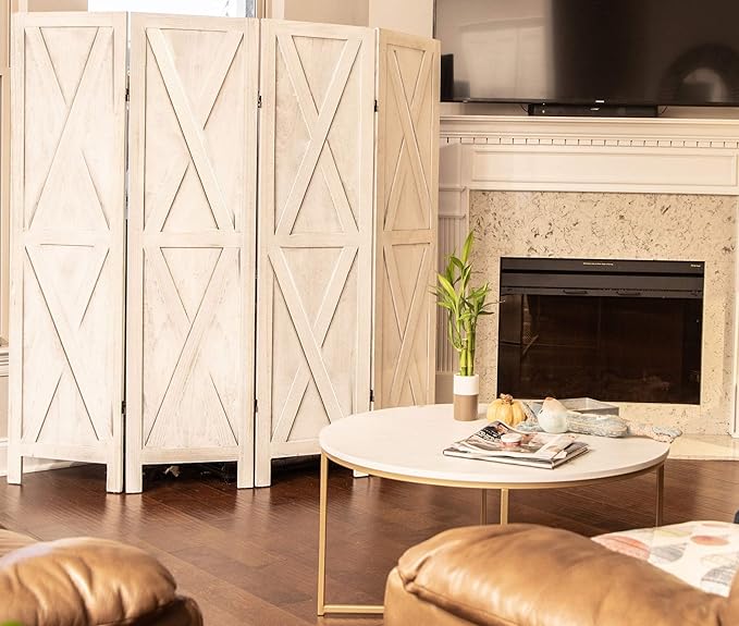 Premium Home 4-Panel Room Divider – Rustic White Barn Door, X Pattern Folding Privacy Screen, Partition Wall