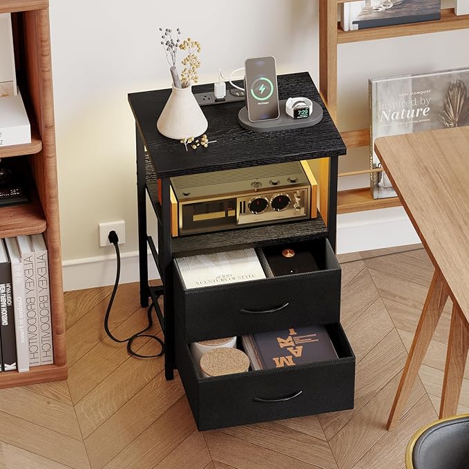 Fixwal Night Stand with Charging Station, LED Nightstand with U-S-B Ports and Outlets, 2 Fabric Storage Drawers with PU Finish, Small Bedside Table, Black