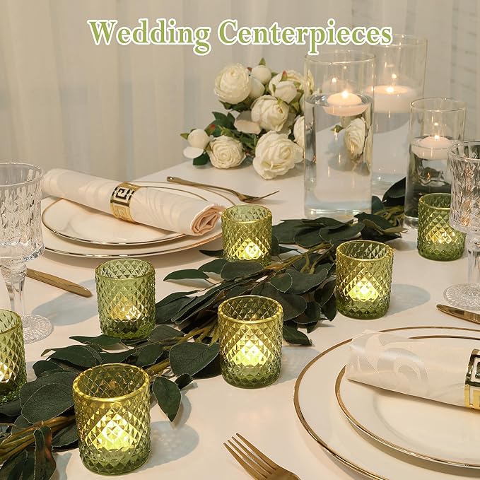 24 Pcs Votive Candle Holders for Wedding, Olive Green Glass Tea Lights Candle Holders for Party Table Decor, Candle Holders Bulk Baby Shower, Vintage Green Depression for Table Centerpiece