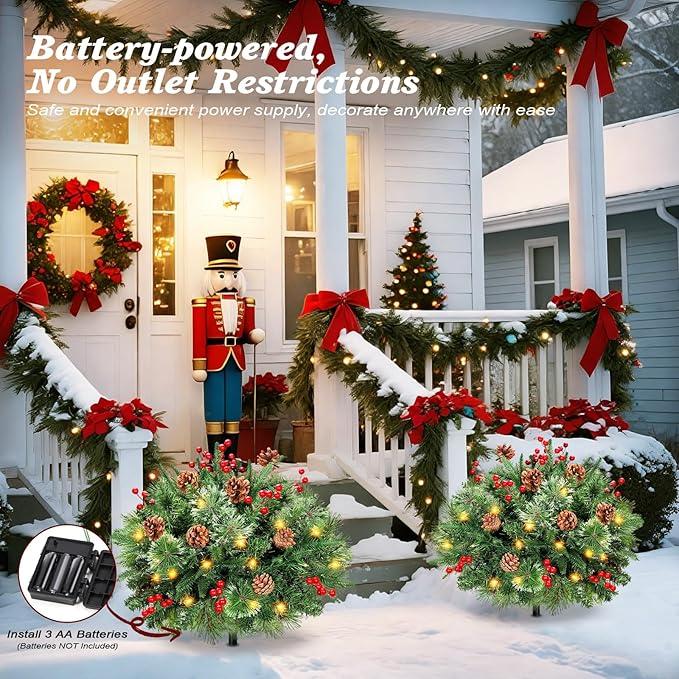 Lewondr Set of 2 Prelit Pathway Christmas Trees, 20.87" Outdoor Christmas Tree with 50 LED Lights, Pine Cones Red Berries, Battery Operated Outdoor Xmas Decor for Yard Home Porch