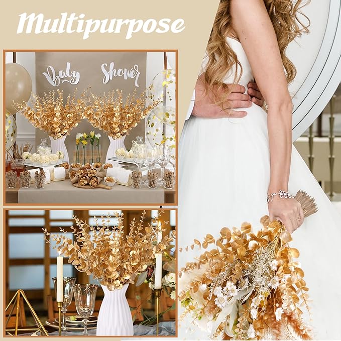 Giegxin 200pcs Artificial Eucalyptus Plant, 15in Gold, for Home Decor, Wedding Centerpiece