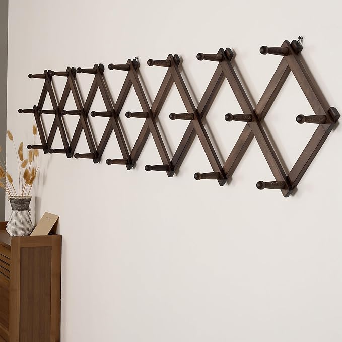SKOLOO Accordion Wall Hanger with 22 Hooks, Modern Expandable Coat Rack Hat Rack for Wall, Solid Wooden, Walnut Color
