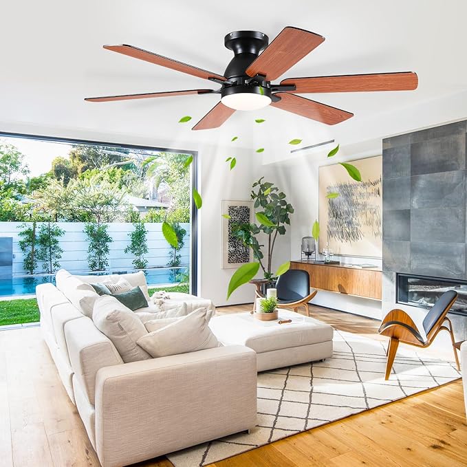 Ceiling Fans with Lights- 52" Low Profile Indoor Ceiling Fan with Light and Remote/APP Control, Flush Mount, 6 Blade, LED Dimmable DC Reversible Modern Ceiling Fan for Bedroom（Brown）