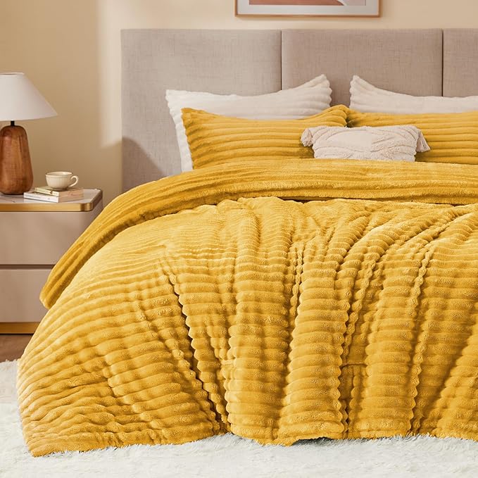 BEDELITE Fleece Twin Comforter Set -Super Soft & Warm Fluffy Mustard Yellow Bedding, Luxury Fuzzy Heavy Bed Set for Winter with 1 Pillow case