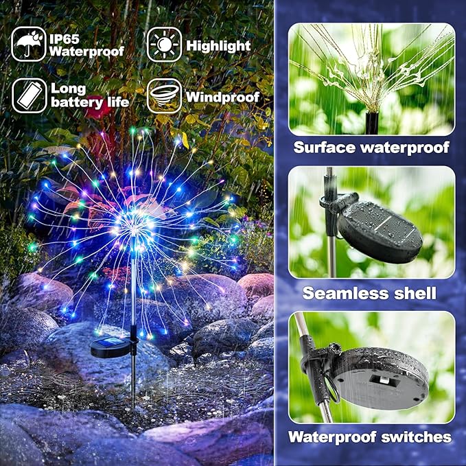 Anordsem Solar Lights Outdoor Decorative: Bendable Copper Wire with 120 LED Firework Beads - Waterproof 2 Colorful Lighting Modes Yard Garden Patio - Christmas Gifts for Homeowner Over 30
