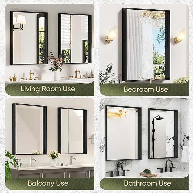 Suidia Bathroom Mirror, 30" x 22" Wall Mirror Metal Framed, Bathroom Vanity Mirror for Living Room Bedroom Bathroom Entryway, Black, Rect Corner Style