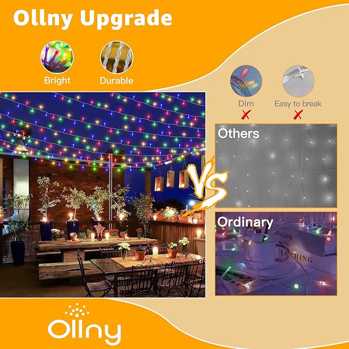 Ollny 120LED 40FT Christmas Lights, Waterproof Connectable String Lights with Timer 8 Modes, Multicolor Plug in Fairy Light for Indoor Outdoor Bedroom Xmas Tree Holiday Party Decorations