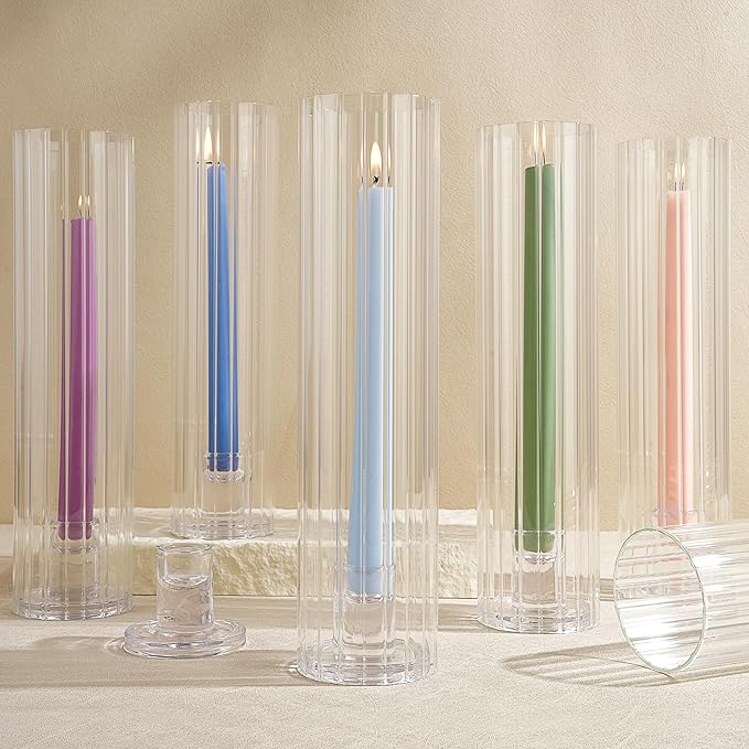 Hurricane Candle Holder Thickened Ribbed Cylinder Covers Taper Candle Sticks Holder Glass Tall Candlesticks Holders Centerpiece for Wedding Dining Table, 10 Pcs
