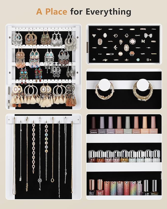 Nicetree Jewelry Armoire with Mirror, Wall/Door Mounted Jewelry Cabinet, Lockable Jewelry Organizer with Full-Length Mirror, Frameless Mirror with Storage, Black Lining
