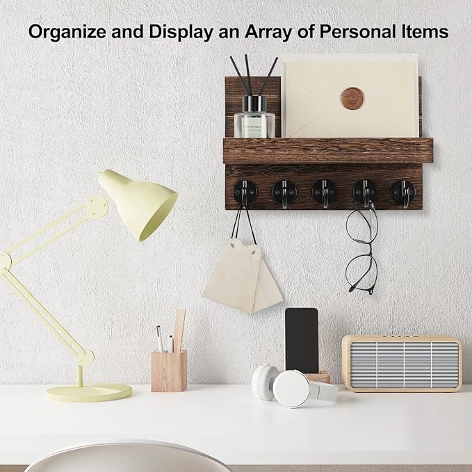 Key Holder for Wall, Decorative Key and Mail Holder with Shelf Has Large Key Hooks for Bags, Coats – Paulownia Wood Key Hanger with Mounting Hardware (9.8”W x 6.7”H x 4.2”D) (Brown)