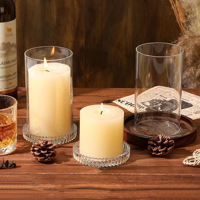 Hurricane Glass Candle Holders Set of 2, Serrated Round Candle Stand for Pillar Candles Modern CandleHolders Cylinder Chimney Cover for Outdoor Wedding Decor Parties & Table Centerpieces
