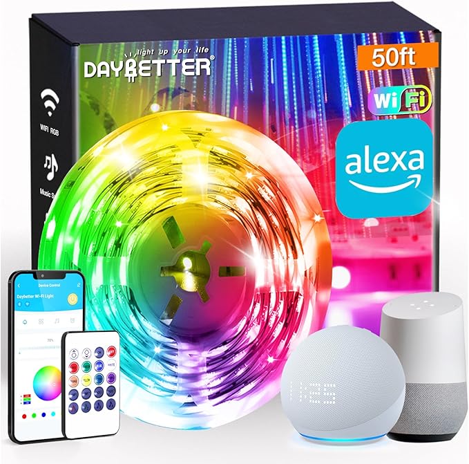 DAYBETTER Smart WiFi Led Strip Lights App Controlled Compatible with Alexa and Google Assistant Timer Schedule RGB Strip Color Changing Décor for Bedroom Party Kitchen 50ft