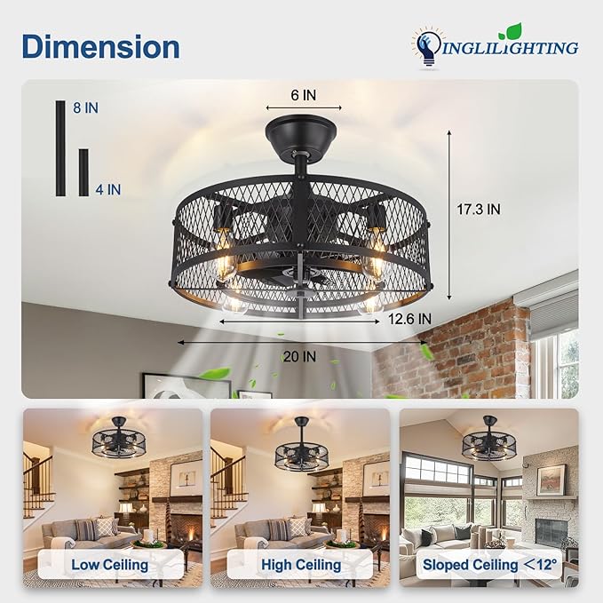 DLLT Caged Ceiling Fan with Light: 20" Farmhouse Fandelier with Light and Remote - Black Rustic Chandelier with Fan for Bedroon Kitchen Living Dining Room