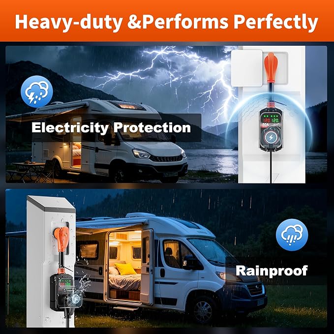 Vehiker 50 Amp RV Surge Protector, Industry-Leading 18000 Joules Power Guard, Circuit Analyzer with Real-Time Dual Voltage Display, Waterproof Cover, Ergonomic Handle, Heavy Duty RV Accessories