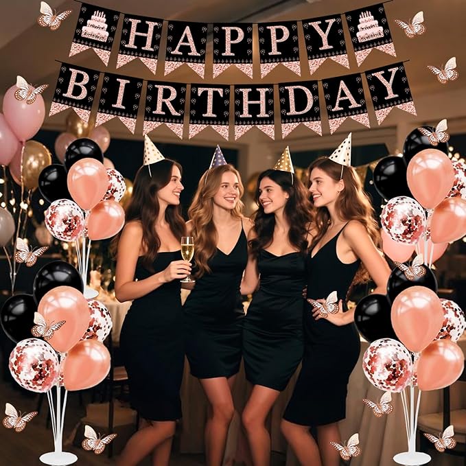 Rose Gold Black Birthday Decorations for Girls Women - 54pcs Happy Birthday Banner, Crown Sash, Cake Topper, Confetti balloons, 3D Butterflies Decor, 4 Balloon Stands kits
