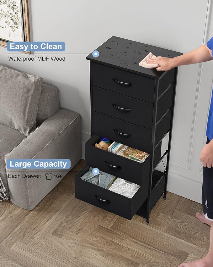 Crestlive Products Vertical Dresser Storage Tower - Sturdy Steel Frame, Wood Top, Easy Pull Fabric Bins, Wood Handles - Organizer Unit for Bedroom, Hallway, Entryway, Closets - 6 Drawers (Black)