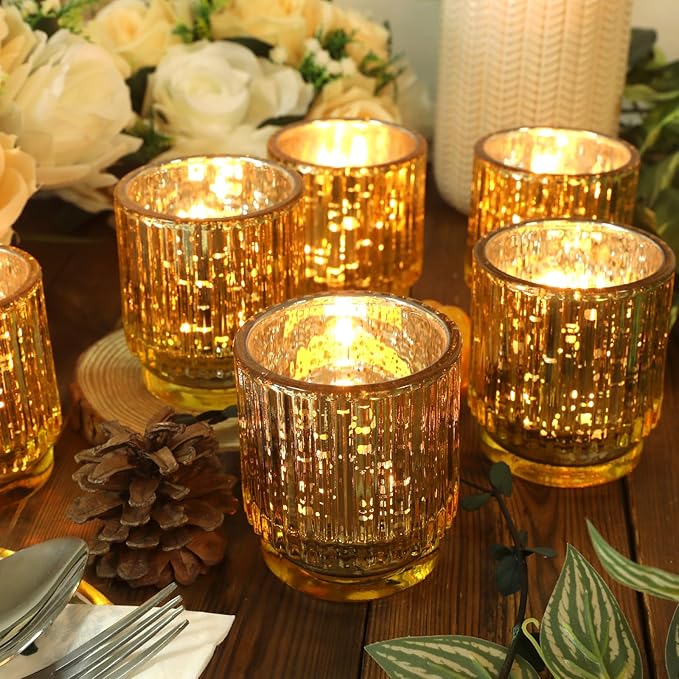 Gold Mercury Glass Votive Candle Holders Set of 6, Wedding Party Candlestick, Elegant Table Centerpiece Candles,Gold Tealight Candle Holders Set, Festive Holiday Home Decor