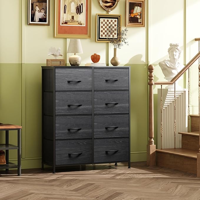 WLIVE Fabric Dresser for Bedroom, Tall Dresser with 8 Drawers, Storage Tower with Fabric Bins, Double Dressers, Chest of Drawers for Closet, Living Room, Dormitory, Charcoal Black Wood Grain Print