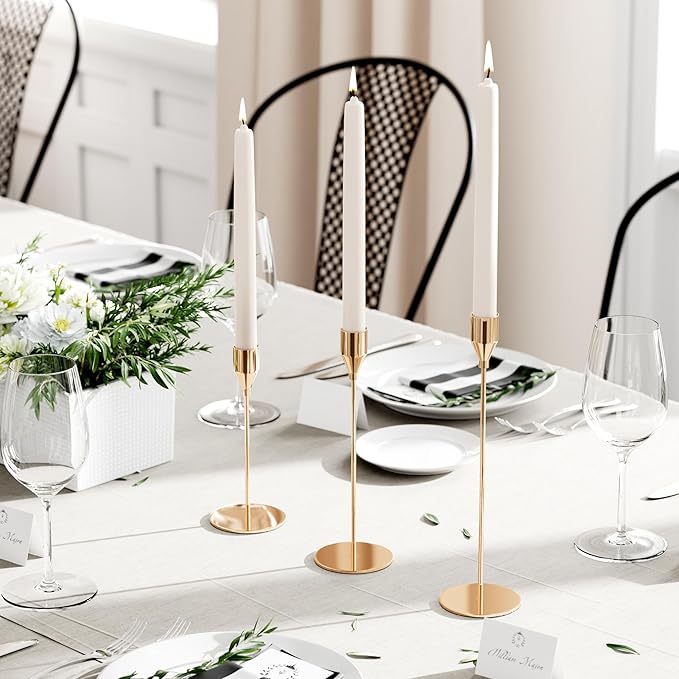 Gold Taper Candle Holders, Set of 3 Metal Candlestick Holders for Candle Sticks Holder Decor, Ideal for Mantle Table Centerpiece, Weddings, Dining, Housewarming Gift & Anniversaries