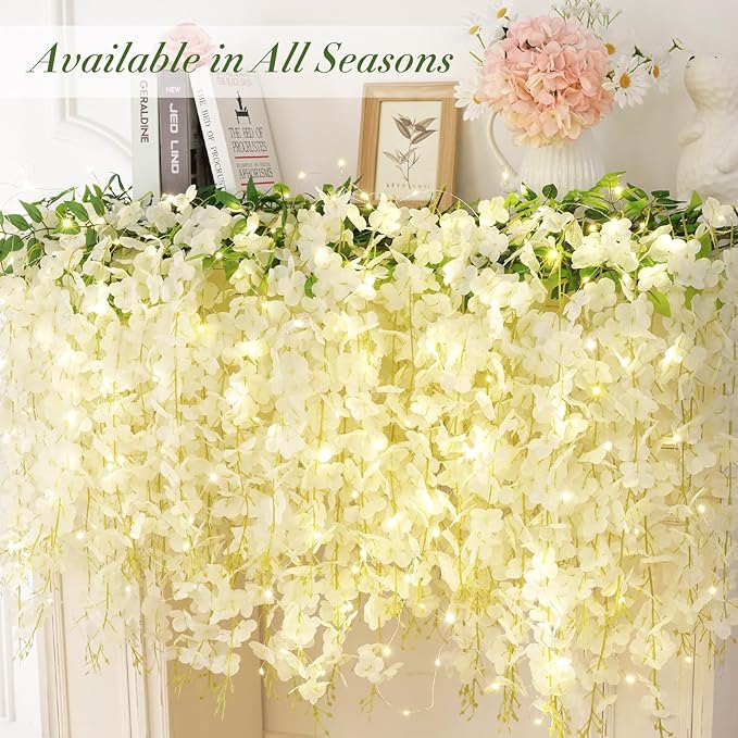 Waipfaru 40 Pack White Wisteria Hanging Flowers, Fake Flowers for Decoration, Artificial Hanging Flowers, Vines for Bedroom, Flower Garland for Home, Party, Wall, Wedding Decoration(3.6 Ft/Pcs)