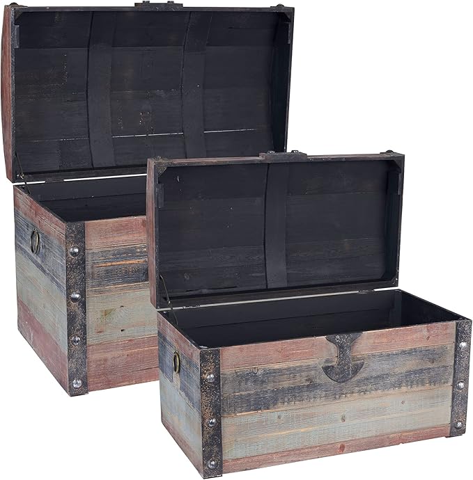 Household Essentials Wooden Storage Trunk Set, Large and Small Domed Chest, Weathered Wood with Paint Finish, Hinged Lid with Metal Accents