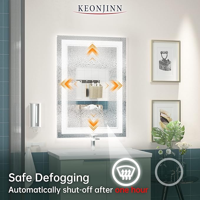 Keonjinn LED Mirror for Bathoom 20 x 28 Inch, Bathroom Mirror with Front Lights, Shatter-Proof Tempered Glass, UL-Listed LED Driver, Anti-Fog, Dimmale 6000K, Easy Installation(Horizontal/Vertical)