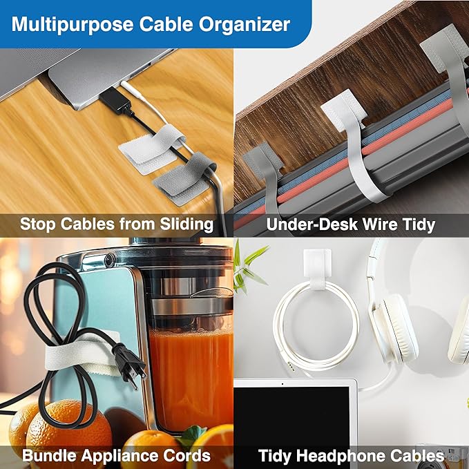 Cable Management Kit – 40 Self-Adhesive Hook & Loop Cable Ties with 2 Extension Straps, Strong Adhesive Cord Organizer for Desk, Wall, Home & Office, Adjustable Wire Holders, Grey & White