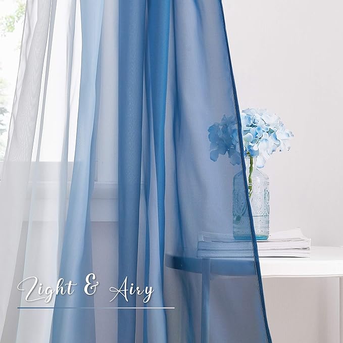 NICETOWN Navy Blue Ombre Sheer Scarf Curtains Valances, Elegant Backdrop Voile Texture for Indoor Outdoor Wedding Ceremony/Party/Pergola Canopy, Set of 2, W60 x L216
