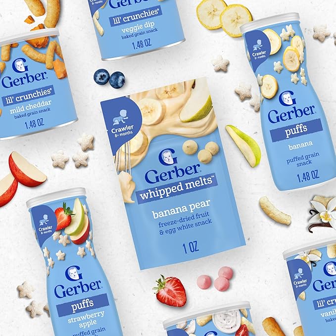 Gerber Stage 3 Baby Food Snacks, Banana Pear Whipped Melts, Baby Led Feeding, 7PK