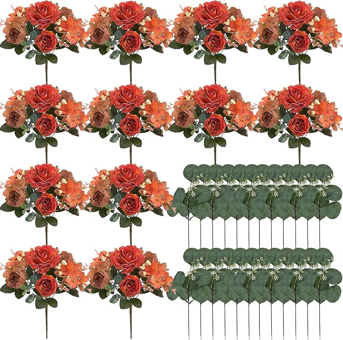 Burnt Orange Peony Artificial Flowers, Fall Faux Peonies Hydrangea Eucalyptus Bouquet 12 Packs Silk Vintage Realistic Peony Floral Arrangement for Wedding Centerpiece Table Vase Autumn Decor