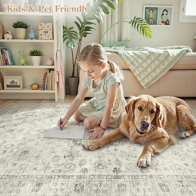 LIVEBOX Bedroom 4x6 Washable Area Rug for Entryway Kitchen, Non-Slip Soft Boho Rugs for Dining Room Office, Farmhouse Low-Pile Neutral Soft Carpet for Nursery Room Playroom, Taupe