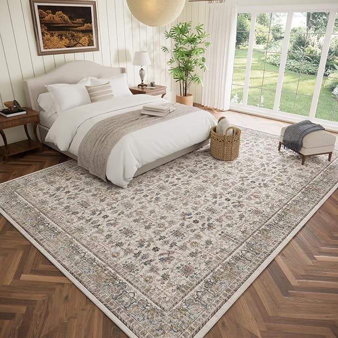 Washable 10x14 Area Rugs for Living Room, Boho Non-Slip Silicone Backing Rugs for Bedroom Dining Room Office, 0.3" Neutral Oriental Throw Carpet with 0.16" Cushioning Pad, Cream/Multi