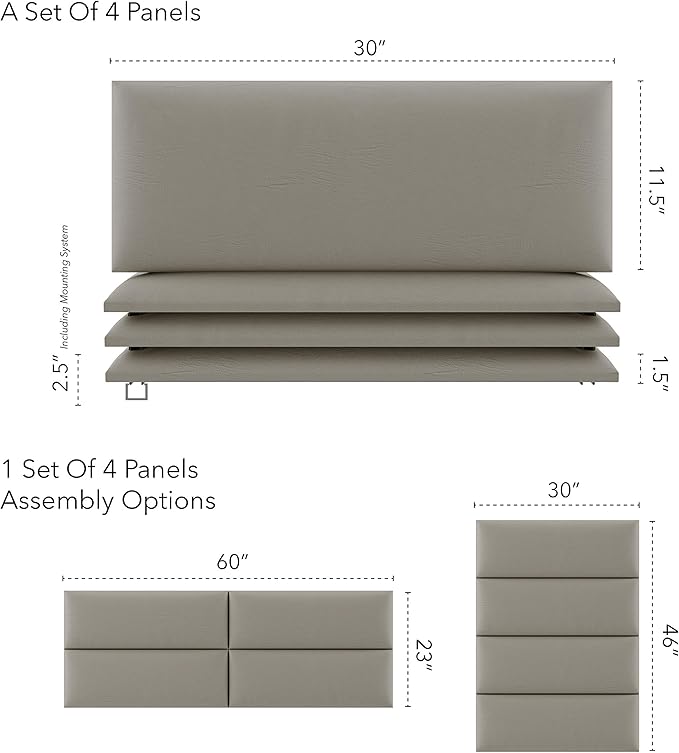 Vänt Upholstered Wall Panels - Queen/Full Size Wall Mounted Headboards - Vintage Leather Dusty Taupe - Set of 4 Panels (Each Individual Panel 30"x11.5")