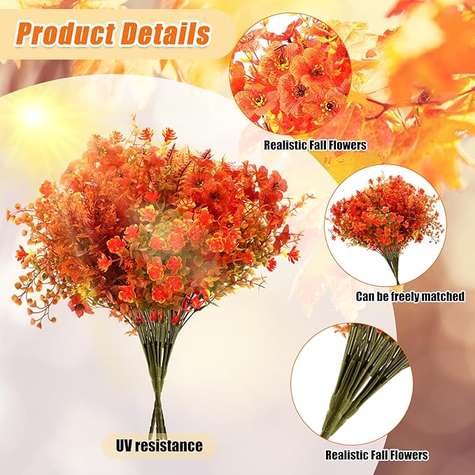 Mimorou 60 Bundle Fall Artificial Flowers Outdoor UV Resistant Autumn Orange Fake Plants Flowers Faux Plastic Greenery Decoration Shrub for Wedding Window Box Home Porch Fireplace Thanksgiving