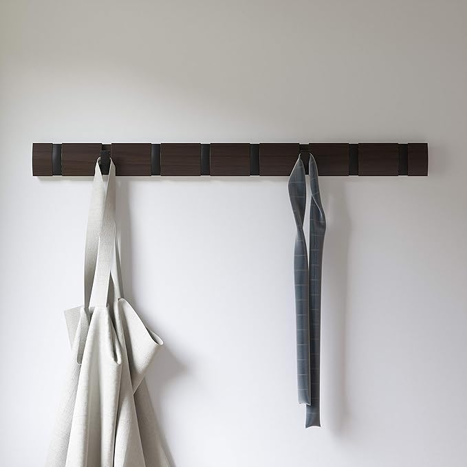 Umbra - Flip Wall-Mounted Coat Rack Rail Hook for Hats, Jackets, Bags and More, Wood, Metal, Black/Walnut