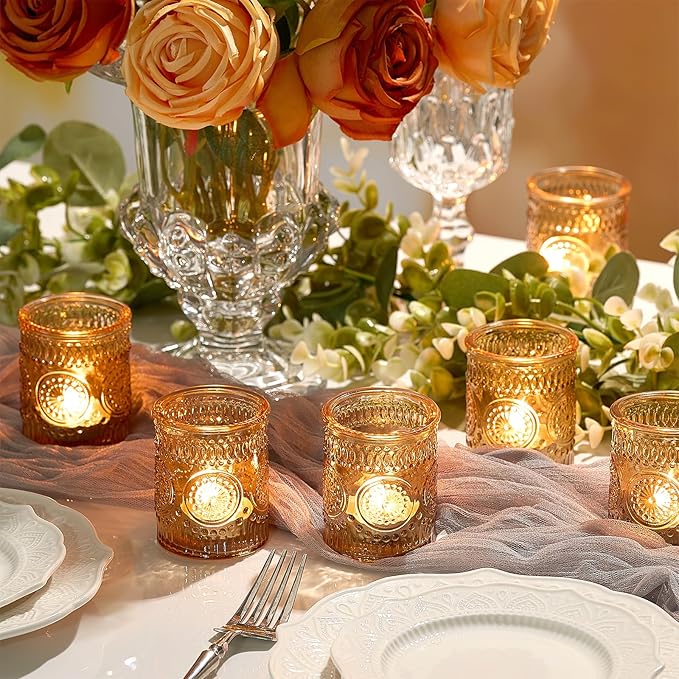 30 Pack Clear Glass Votive Candle Holders, Vintage Candle Holder Bulk, Tealight Candle Holders for Table Centerpieces, Home, Bridal Shower, Birthday, Christmas, Thanksgiving Party Table Decor (Gold)
